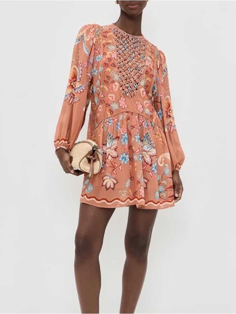 FARM Rio Peach mocha rich Floral Smocked Mini Dress NWT